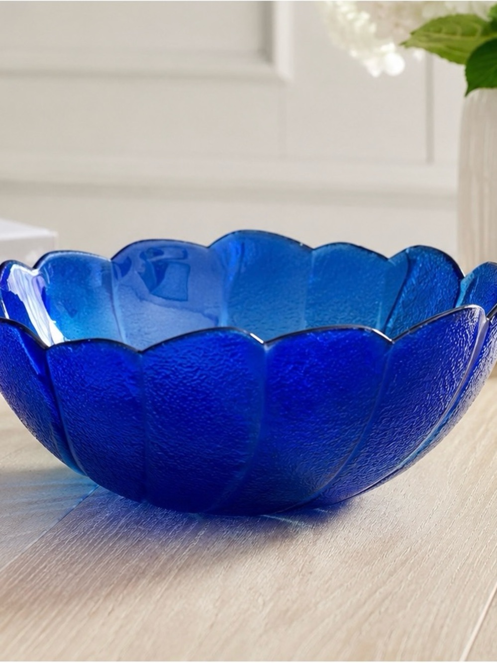Vintage Arcoroc Cobalt Blue Scalloped Swirl Glass Serving Bowl France